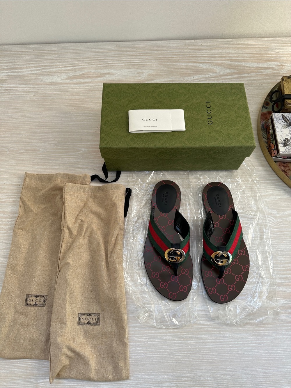 Gucci VRV Nero GG Logo Stripe Flip Flop Sandal